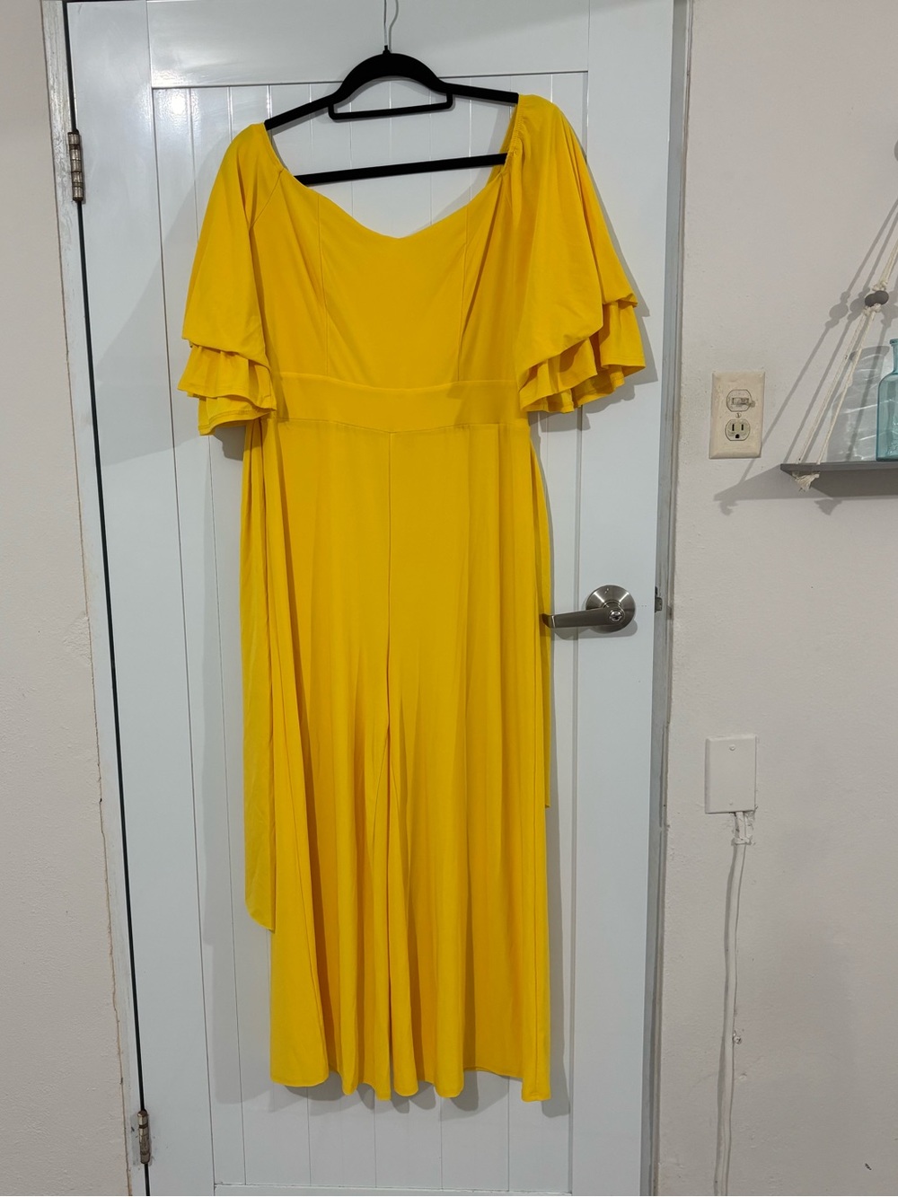 Yellow Flutter-Sleeve Jumpsuit with Self Tie Waist